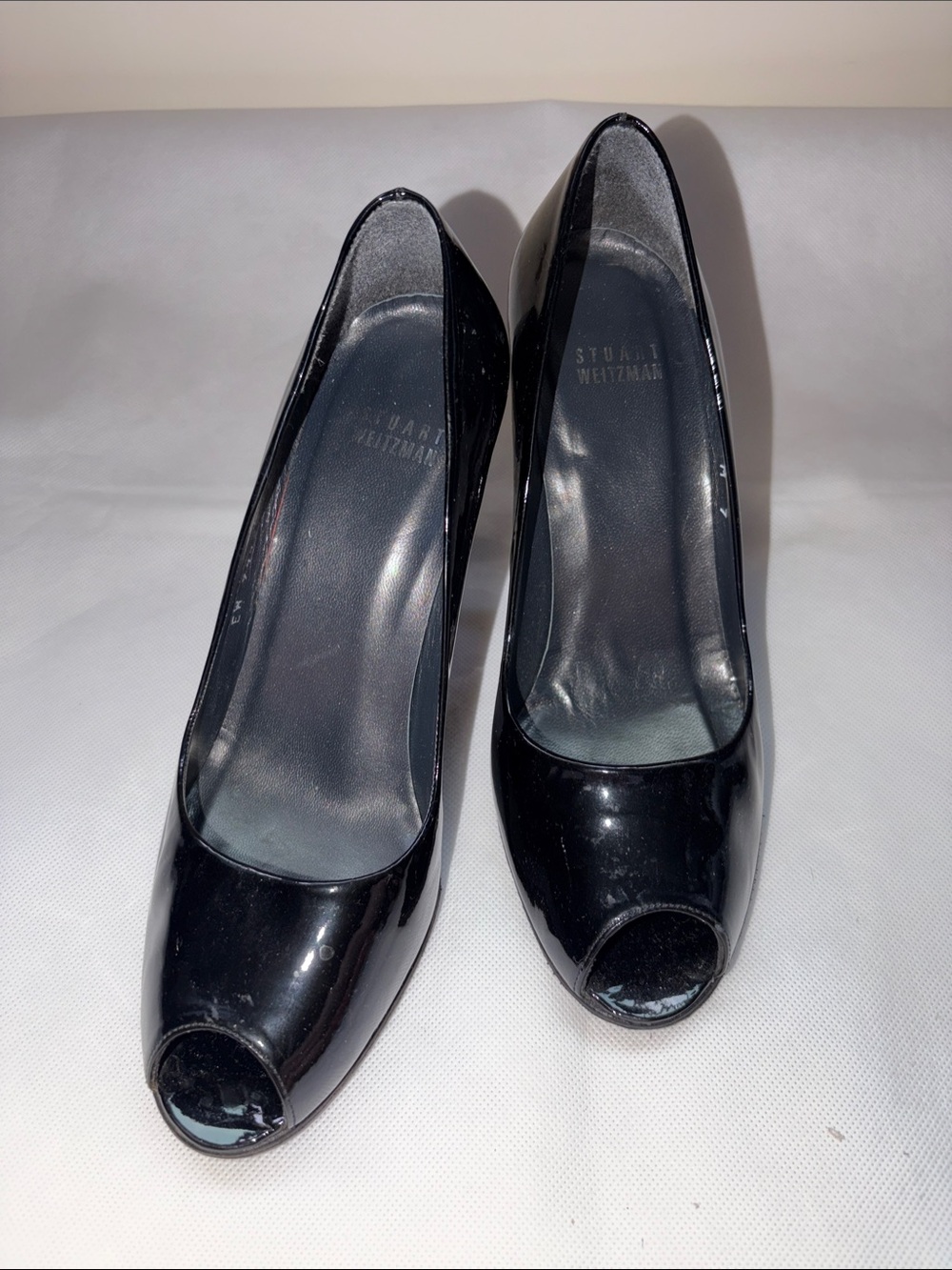 Stuart Weitzman Black Patent Peep-Toe Pumps
